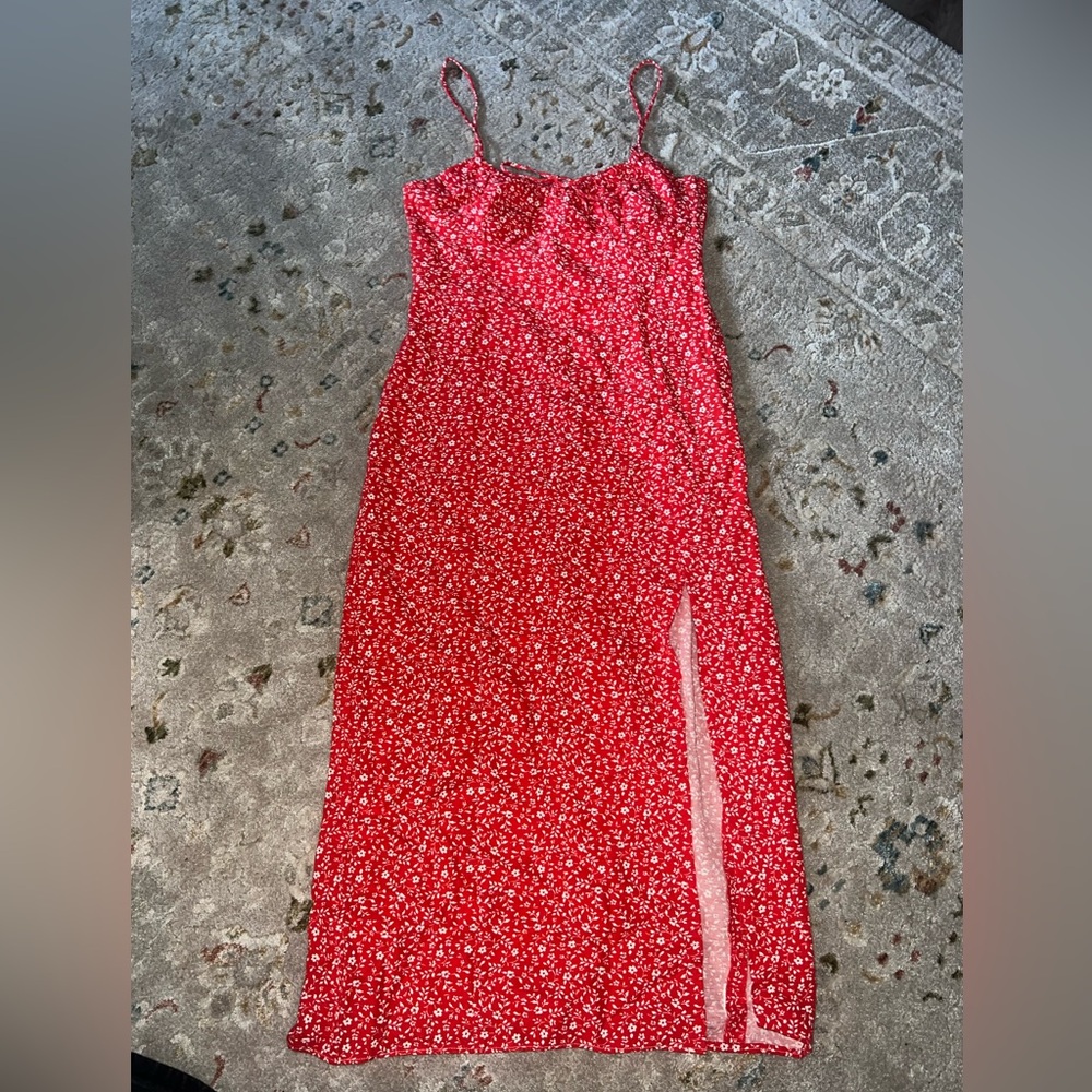 Zara Red Floral Midi Dress with Side Slit